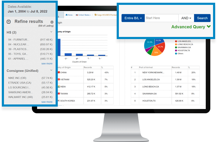 bill of lading search queries displayed on a computer screen